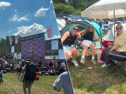 De toestroom op camping The Hive aan het festivalterrein van Rock Werchter is sinds woensdagmiddag begonnen. / Sara, Tinne en Dina uit Turnhout hebben hun plekje al beet.