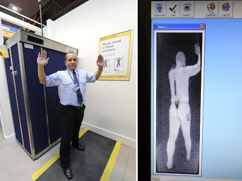 Een demonstratie van een bodyscan op een luchthaven.