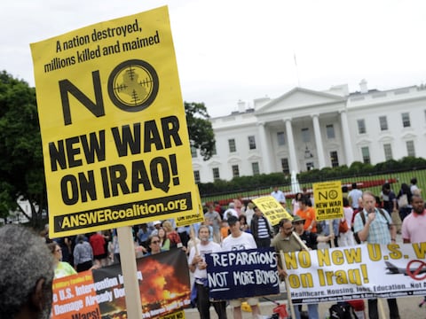 Het voorbije weekend werd voor het Witte Huis geprotesteerd tegen de hernieuwde Amerikaanse betrokkenheid in Irak.