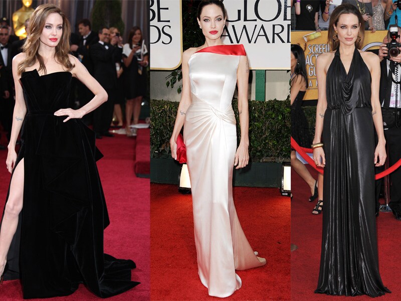 Angelina op de Oscars en de Golden Globes in Versace, ook met de zwarte creatie van Jenny Packham staat ze beeldig.