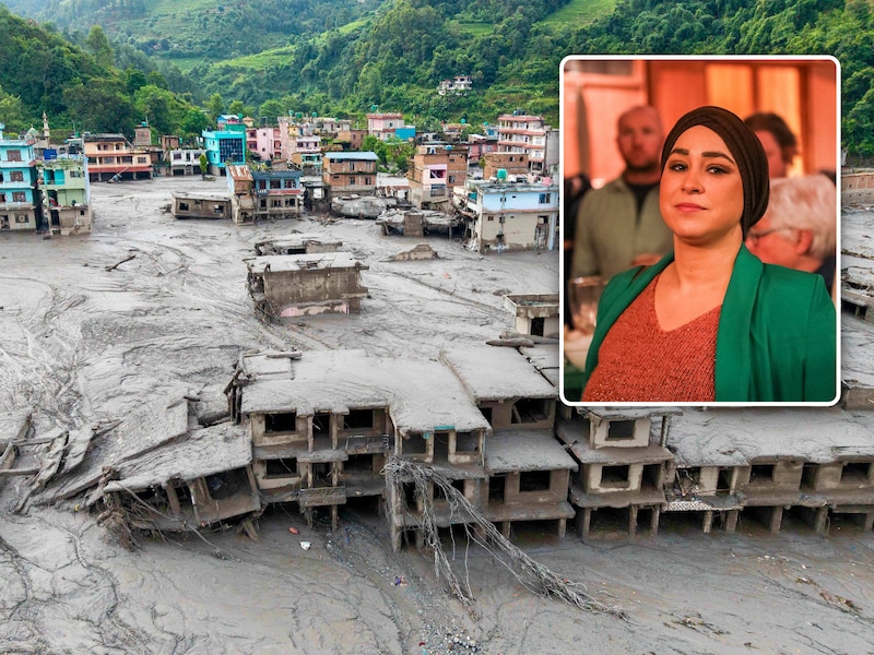 Een beeld na de verwoestende overstroming in Nepal. Foto inzet: schepen van Mondiale Solidariteit Hafsa El-Bazioui (Groen).