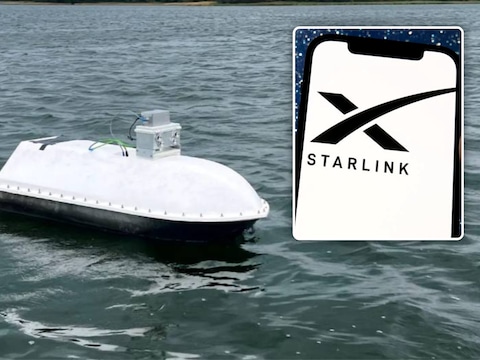 Links: een prototype van een onbemand vaartuig van Saronic Technologies, bedacht door studentonderzoekers van de Naval Postgraduate School (NPS). Inzet: Starlink, het wereldwijd satellietinternetnetwerk, ontwikkeld door SpaceX.