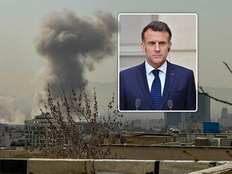 Een rookpluim stijgt op boven Teheran na een gemelde explosie, nadat Israël een “preventieve aanval” op Iran aankondigde / Inzet: De Franse president Emmanuel Macron
