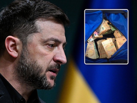 De Oekraïense president Volodymyr Zelensky en geld dat in beslag genomen werd bij een huiszoeking in het kader van Operatie Midas.