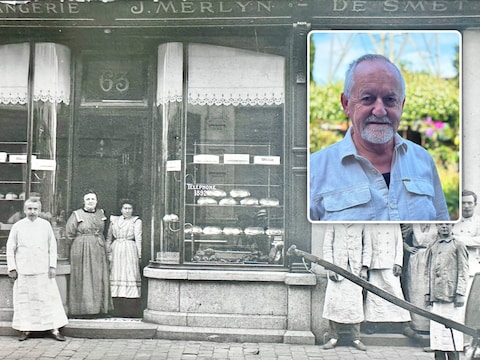 Het pand van Door 73, ergens begin de jaren 1900. Links in het wit bakker J. Merlyn. , Inzet: Didier Duprez spendeerde een deel van zijn jeugd in het pand in de Hoogstraat waar nu Mijn Restaurant zal neerstrijken