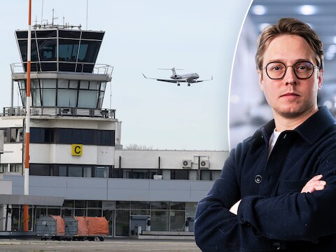 De luchthaven van Deurne. Rechts: politiek journalist Timmie van Diepen.