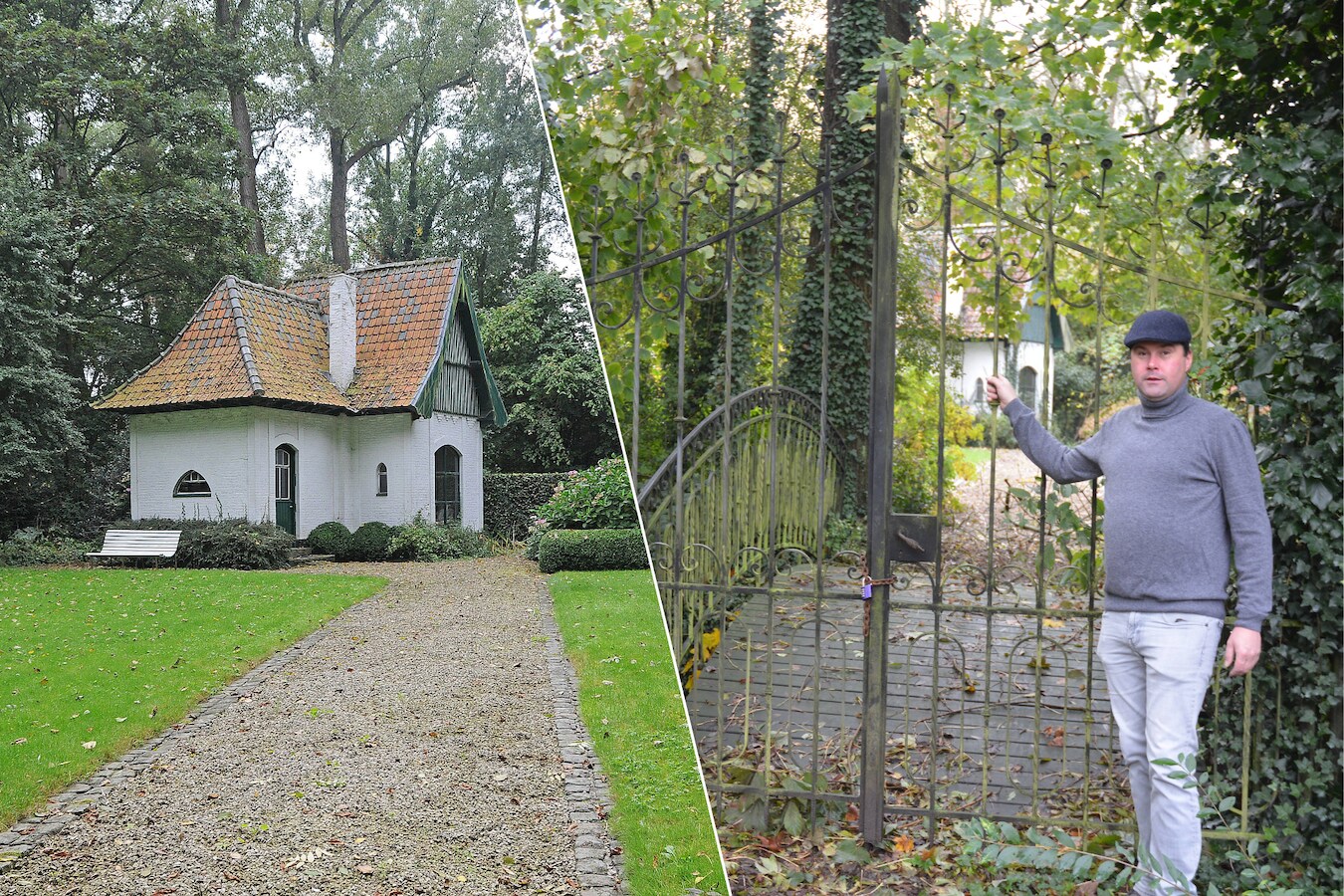 Schepen van Ruimtelijke Ordening Olivier De Marez (Oostrozebeke.nu) aan de ingang van het Eilandje, met op de achtergrond in het wit het tuinpaviljoentje.