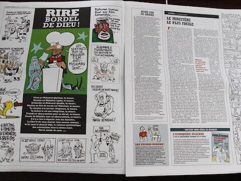 Illustratie van het Franse magazine Charlie Hebdo, dat gisteren de Mohammed-spotprenten publiceerde
