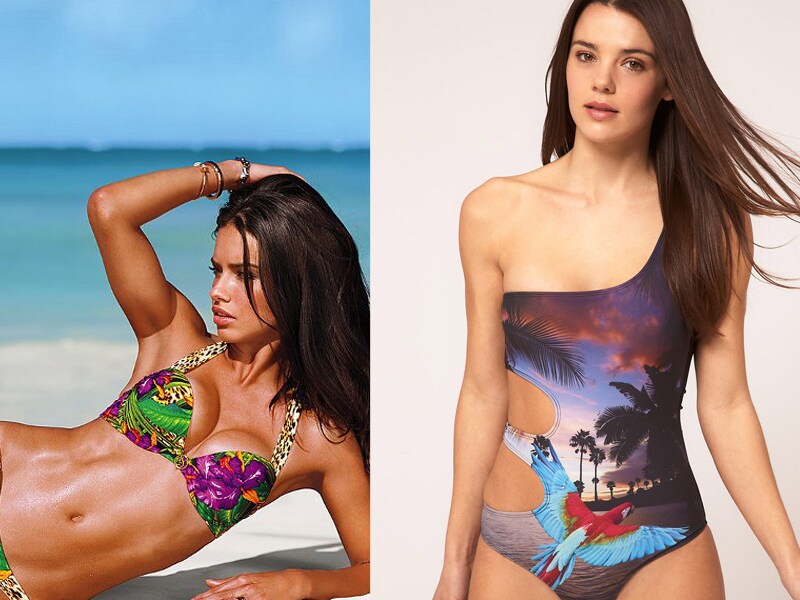 Een bikini met drukke print van Victoria's Secret en sexy asymmetrisch badpak van Asos.com.
