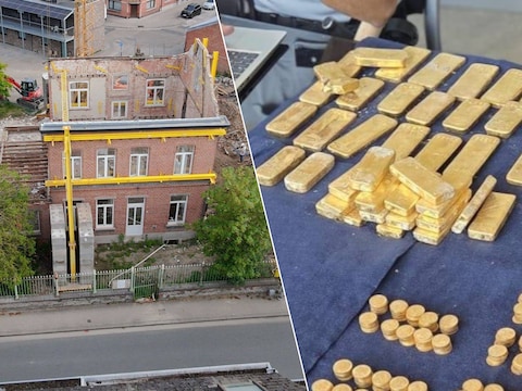 Het gestripte Brouwershuis in Dendermonde waar de goudschat werd ontdekt. Rechts: een deel van de gevonden goudstaven en munten.