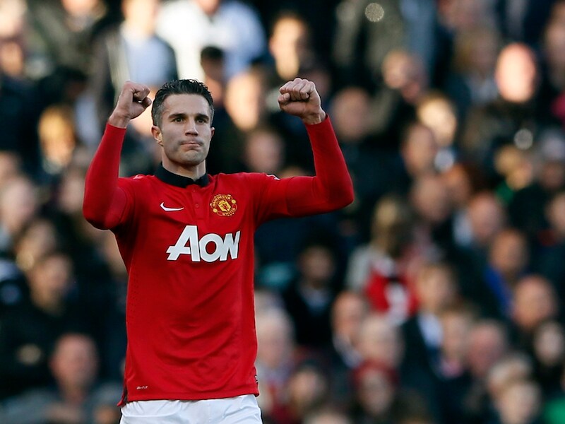 Robin van Persie na een doelpunt voor United.