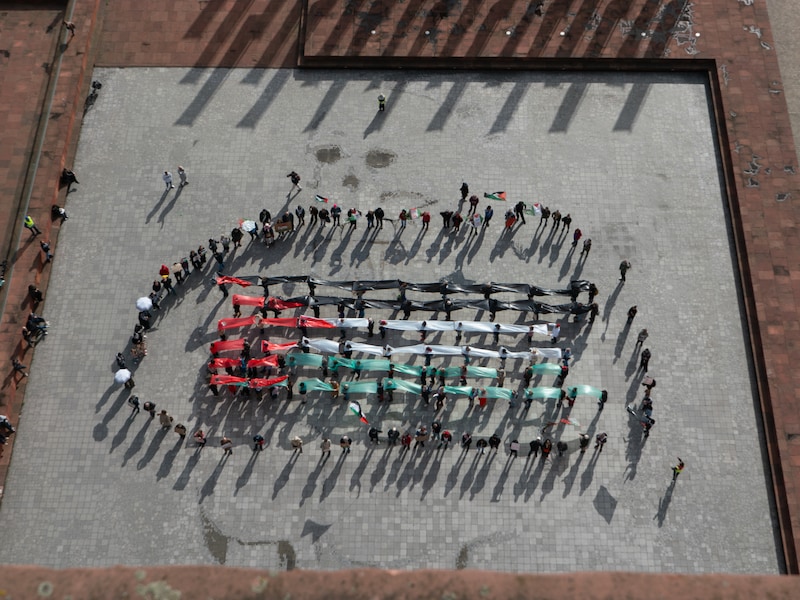De actievoerders van Antwerpse Coalitie voor Palestina vormden een menselijke vlag. 