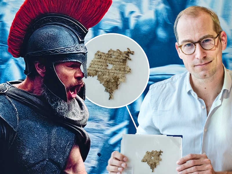 Gevonden fragment van 'de Odyssee' in de Universiteit Bibliotheek Utrecht. Rechts: Mark de Kreij, links Matt Damon als Odysseus in de film die nu in de bioscopen draait.