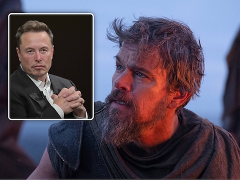 Matt Damon, als Odysseus, in een scene van “The Odyssey”, inzet= Elon Musk