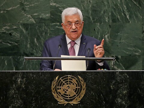 De Palestijnse president Mahmoud Abbas tijdens zijn toespraak voor de Verenigde Naties.
