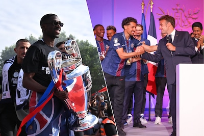 Heldenonthaal voor PSG-spelers: 100.000 fans gaan uit de bol in Parijs, ook president Emmanuel Macron feliciteert troepen van Luis Enrique