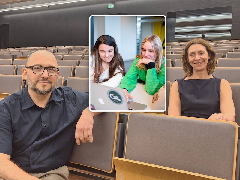 Algemeen directeur van Arteveldehogeschool Isabelle De Wulf kijkt samen met docent Frank Paemeleire terug op 25 jaar Arteveldehogeschool en werpt ook een blik op de toekomst. Foto inzet: enkele studenten van de Arteveldehogeschool op een archiefbeeld.