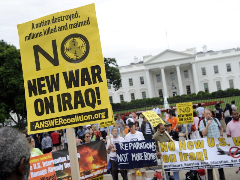 Het voorbije weekend werd voor het Witte Huis geprotesteerd tegen de hernieuwde Amerikaanse betrokkenheid in Irak.