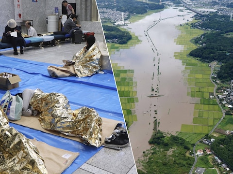 Voor slachtoffers van het noodweer is op sommige plaatsen in Chiba noodopvang geregeld. / Een luchtfoto toont overstroomde gebieden in de omgeving van Sakura. (14/08/26) 