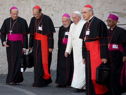 Paus Franciscus (in het wit) met enkele bisschoppen en kardinaals.