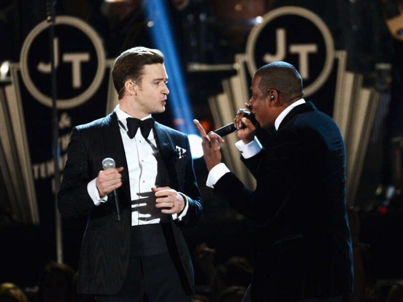 Justin Timberlake en Jay-Z op de Grammy Awards in Los Angeles.
