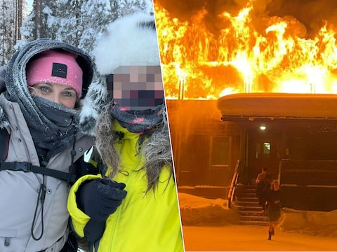 Maaike L. met haar zus (links). Rechts een beeld van enkele gasten die wegvluchten van de vuurzee.