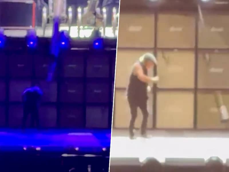 Frontmant AC/DC ontsnapt nipt aan ongeluk op podium