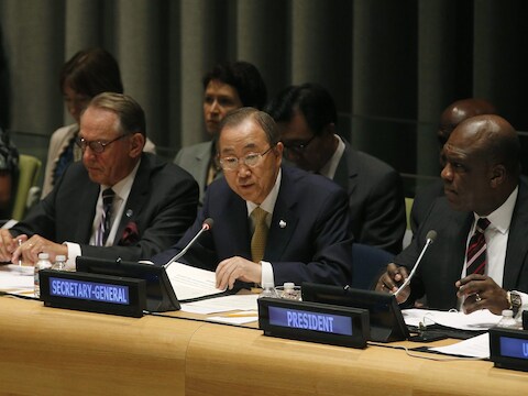 Secretaris-generaal van de VN, Ban Ki-Moon tijdens een vergadering in New York.