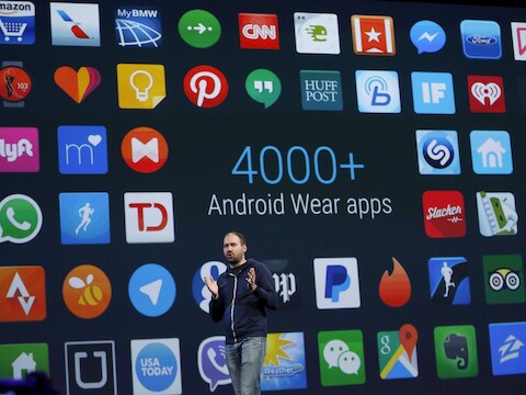 David Singleton, Directeur van Android Wear, spreekt op de Google I/O developers conference in San Francisco, California.