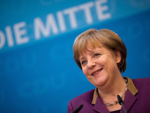 De Duitse Bondskanselier Angela Merkel in Berlijn vandaag.