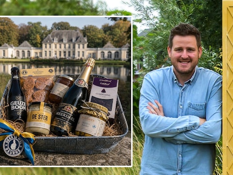 Districtsschepen Alain Hoeckx, met een voorbeeld van hoe het cadeaupakket eruit zou kunnen zien. 