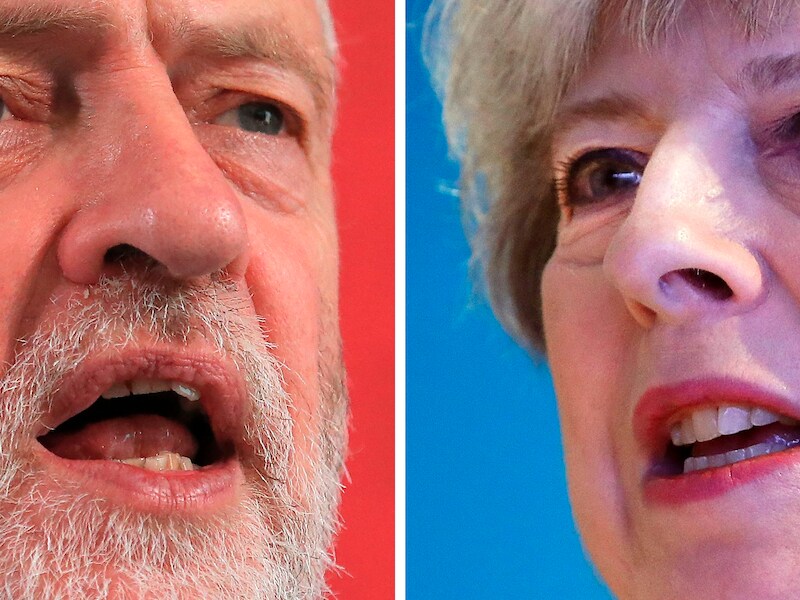 Jeremy Corbyn (Labour) neemt het op tegen Theresa May (Conservative Party).