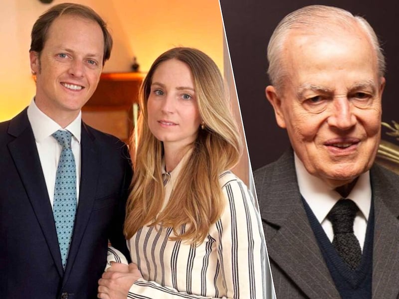 Prins Rafael d’Orléans e Bragança met zijn verloofde Margherita delle Piane. Om Bertrand (inzetje) is niet van plan om hun huwelijk te erkennen.