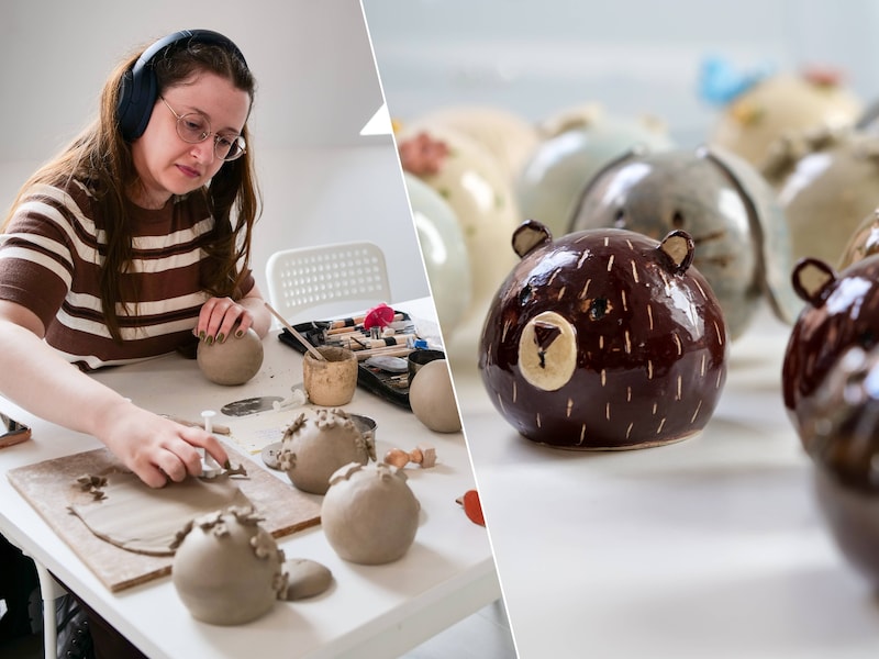 De kinderurnes van het crematorium in Hasselt worden handgemaakt door vzw Asjette. Links: Sarah Pattyn aan het werk.