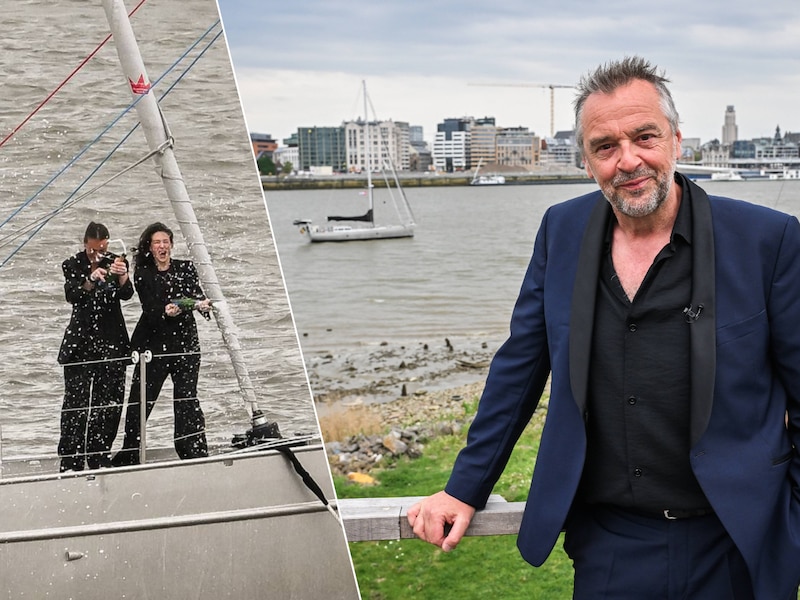 Tom Waes met achter hem de Tethys in de Schelde, links vriendin Charlotte en dochter Isah die de boot dopen met champagne. 
