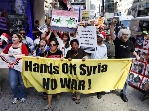 Protest in New York gisteren tegen het mogelijke militaire ingrijpen in Syrië.