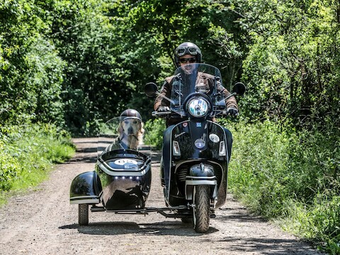 Serge Robesyn en zijn golden retriever Mojo trekken er geregeld op uit op de Vespa.