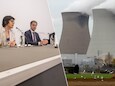 Links: premier Alexander De Croo (Open Vld) en minister van Energie Tinne Van der Straeten (Groen). Rechts een kerncentrale.