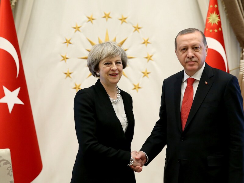 De Britse premier Theresa May en de Turkse president Tayyip Erdogan.