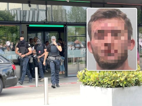 Een beeld van politieagenten bij AZ SInt-Jan in Brugge nadat de gedetineerde Alaouidi D. (inzet) ontsnapt was.