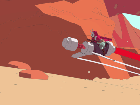 Op haar hoverbike doorklieft Sable het zanderige landschap.