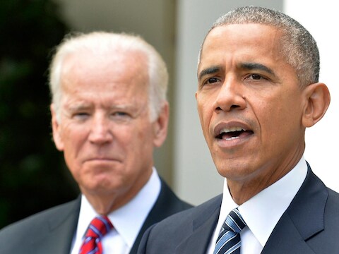 Vice-president Joe Biden en president Barack Obama vlak na de bekendmaking van de verkiezingsuitslag.