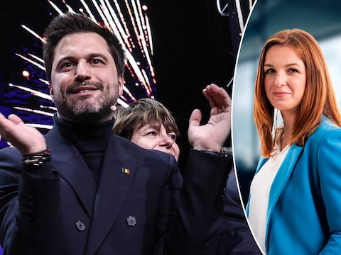 MR-voorzitter Georges-Louis Bouchez op één van de nieuwjaarsrecepties van zijn partij / politiek journaliste Astrid Roelandt.
