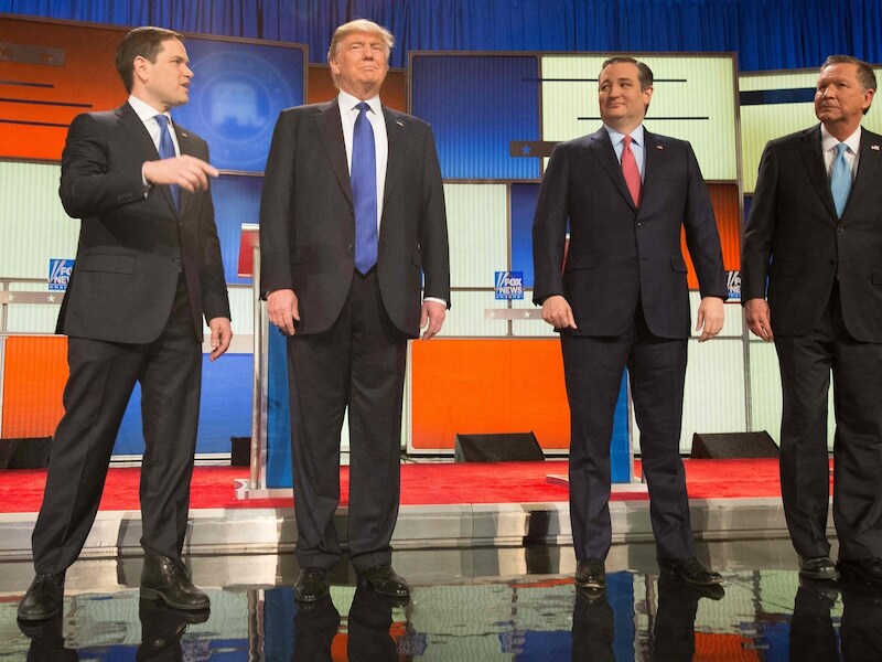 Vlnr: Marco Rubio, Donald Trump, Ted Cruz en John Kasich