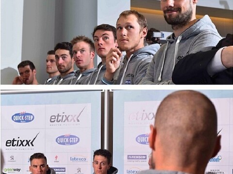 Vreemd om Tom Boonen tijdens de persconferentie voor de Ronde van Vlaanderen eens niet vooraan uitleg te zien geven. Hij luistert naar Stybar en Terpstra die in Boonens afwezigheid het kopmanschap delen.