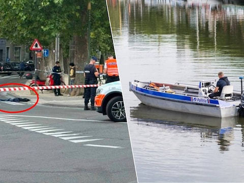 Foto links: de politie zette de plaats van de steekpartij, aan Ham in Gent, maandag helemaal af. Op straat lag bebloede kledij (omcirkeld). Foto rechts: de politie zoekt in het water aan Portus Ganda naar een wapen.