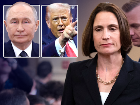 De Brits-Amerikaanse Ruslandkenner Fiona Hill en de presidenten Vladimir Poetin en Donald Trump.