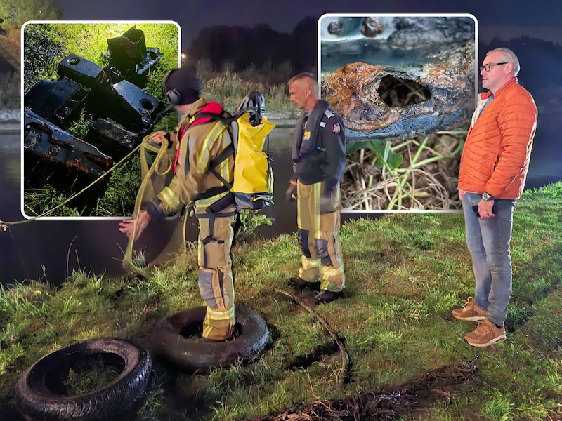 Duikers haalden onderdelen van een Volkswagen Golf GTI uit het water. Eerder vonden ze ook al een kofferdeksel met een kogelgat in. Bendeslachtoffer David Van de Steen volgde de zoektocht van op de oever.