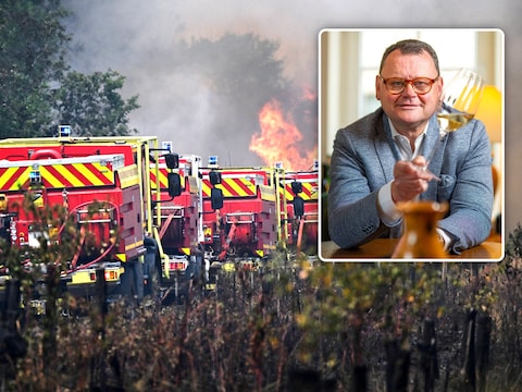 De brandweer aan het werk op een wijngaard nabij Bordeaux. Inzet: Kris Lismont, voorzitter van de Gilde van Belgische Sommeliers en wijnhandelaar.