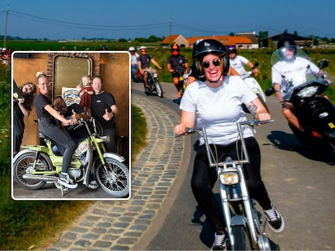 archiefbeeld van het Brastreffen / (inzet: (vlnr) Marthe Vanderhaeghe, Estelle Vlieghe, Peter Deurinck, Zaza en Brecht Nuitten bij de te winnen Califfo uit 1981, in Den Bras